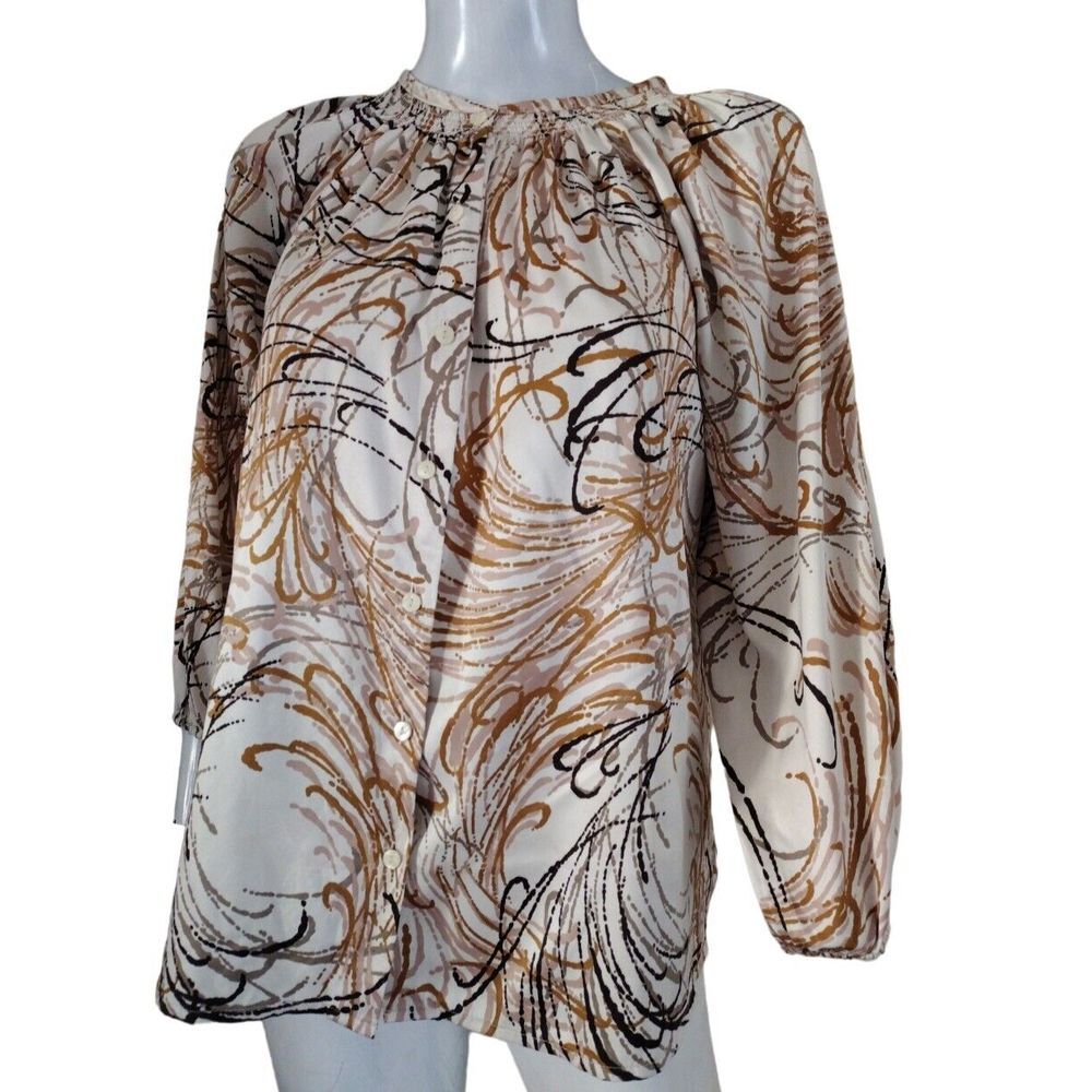 Bebe Blouse Women S Beige‎ Tan Abstract Long Sleeve Boho Peasant Button Up